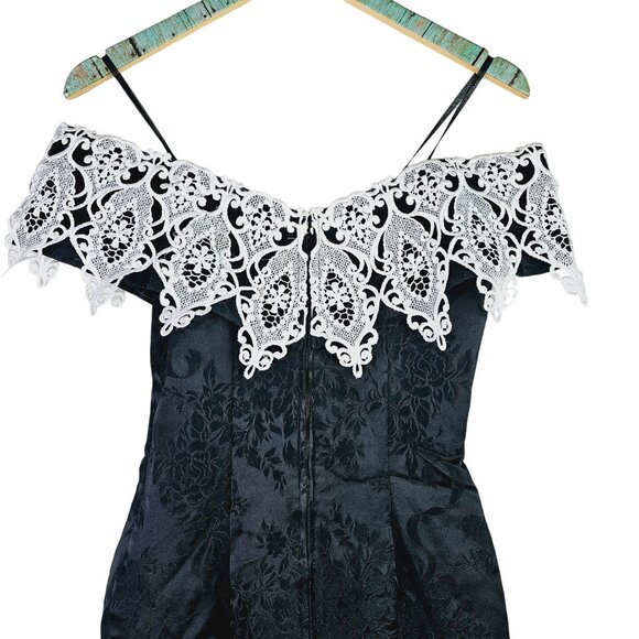 Vintage 1980's Scott McClintock Jacquard Satin Lace Off the Shoulder Dress, Sz 4 - Picture 6 of 8
